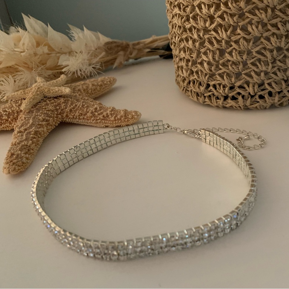Vintage 3 Row Rhinestone Choker Statement Necklace